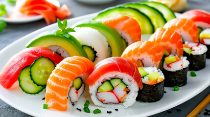 Poster - Colorful sushi platter featuring various rolls and ingredients on a white serving dish