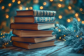 Aufkleber - Vintage Books on Rustic Table with Fairy Lights Bokeh in Dreamlike Winter Setting