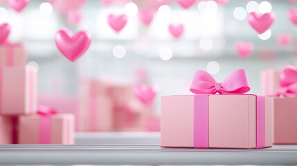 Poster - Colorful pink gift boxes with hearts floating in a soft, blurred background for a festive occasion