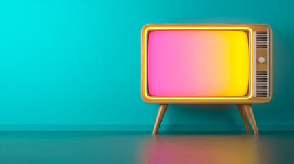 Poster - Vintage television set with colorful screen in a modern retro-style room, showcasing bright hues and minimalist design