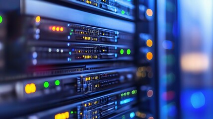 Poster - Modern Data Center with Sleek Network Servers and Bright Lights