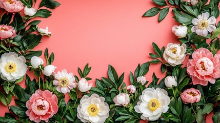 Sticker - Colorful floral arrangement with peonies and greenery on a pink backdrop