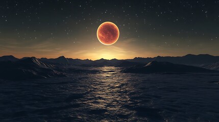 Wall Mural - fiery red moonlight reflecting on waves near the night horizon image
