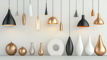 Poster - Multiple pendant lamps of unique shapes and sizes hang from the ceiling, illuminating the bright interior of a design store
