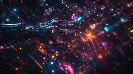Poster - Robotic hand reaching for a human hand amidst vibrant particles.