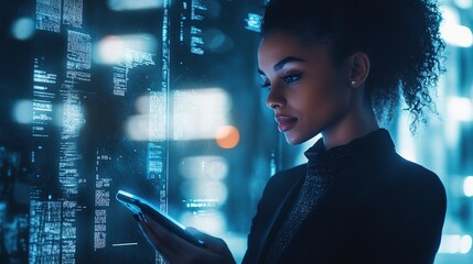 Poster - AI Businesswoman Engaged with Futuristic Technology Interface