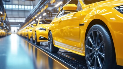 Poster - Yellow cars on assembly line in modern factory.