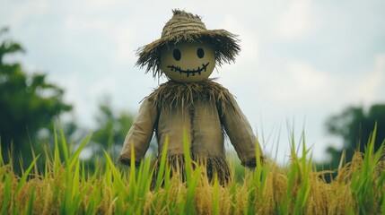 A traditional scarecrow strawman stands tall in a rice field, its rustic charm enhancing the serene agricultural landscape while guarding the crops.