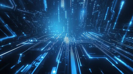 Poster - Futuristic Electronic Circuit Board in Blue with Digital Lines