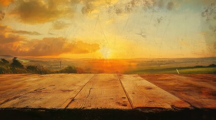 Poster - Rustic wooden table against a vibrant sunset over a picturesque landscape.