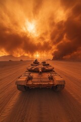 Canvas Print - Dusty tank traversing apocalyptic desert landscape.