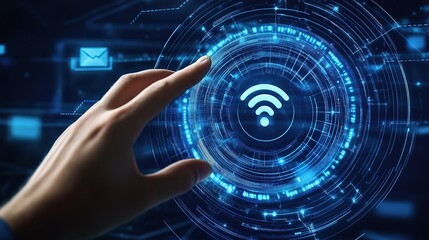 Poster - Hand Reaching Towards Wi-Fi Symbol in Digital Network Interface