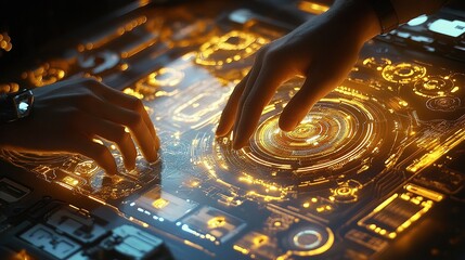 Poster - Engineers and Developers Interacting with Illuminated Technology Screen