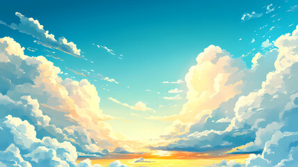 Poster - Peaceful blue sky with layered spindrift clouds and warm golden light at sunset, golden, gentle, peaceful. Sundrift. Illustration