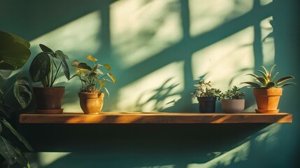 Poster - Sunlit wooden shelf with various potted indoor plants against a teal wall.