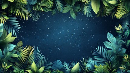 Wall Mural - Lush green tropical leaves framing a dark blue background with sparkles