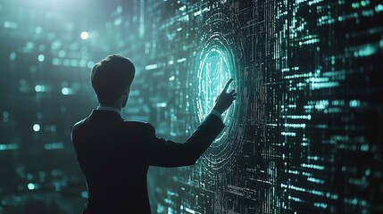 Poster - Futuristic Businessman Interacting with Digital Data Visualization