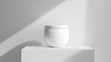 Poster - White jar on white cube against white wall with sunlight.