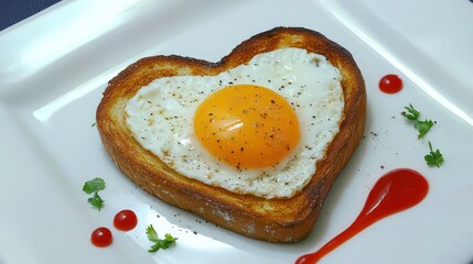 Poster - Heart-shaped fried egg on toast with ketchup and parsley garnish on a white plate.