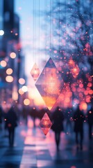 Poster - Surreal Geometric Shapes with Silhouetted City Stroll at Dusk