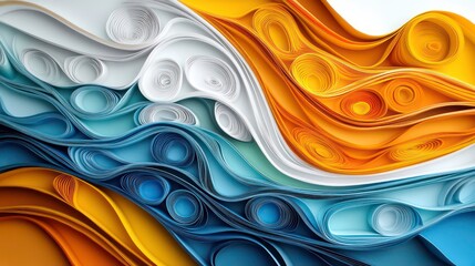 Poster - Abstract paper art in blue, orange, and white swirls and curves.