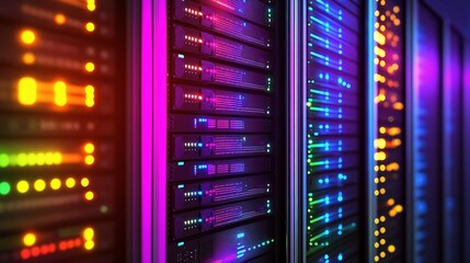 Poster - Futuristic Server Room with Glowing Circuit Board and Colorful Lines