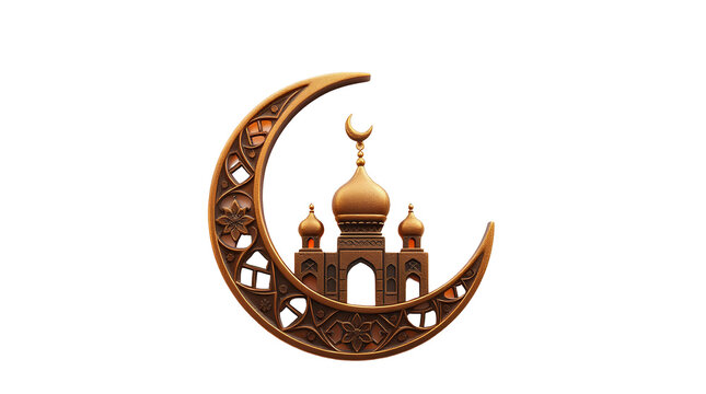 Photo of Illustration of Crescent Moon With Carved Mosque, Islamic Festival Concept isolated on transparent background