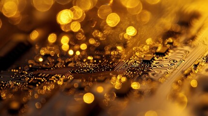 Poster - Close-Up of Intricate CPU Chip with Circuitry and Golden Bokeh