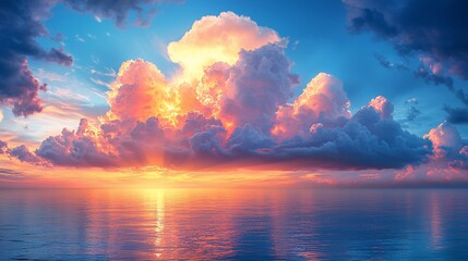 Wall Mural - vibrant sunset over calm ocean with dramatic clouds. (1)
