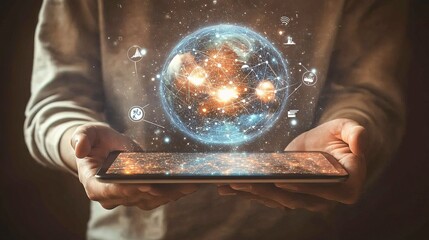 Poster - Man Holding Holographic Globe with Interconnected Lines and Icons