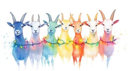 Poster - Seven colorful goats in a row, adorned with festive lights, watercolor style illustration.