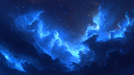 Majestic blue sky with wispy spindrift clouds and deep indigo hues at dusk, serene, wispy. Sundrift. Illustration