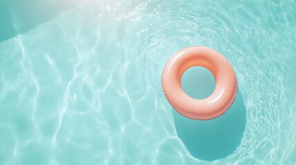 Poster - Floating on the tranquil surface of a turquoise swimming pool, an inflatable ring enhances a relaxing summer holiday scene, evoking feelings of leisure and carefree fun under the bright sun