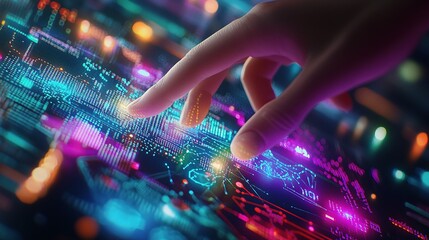 Poster - Colorful Interface with Hand Interacting and Bright Tech Elements