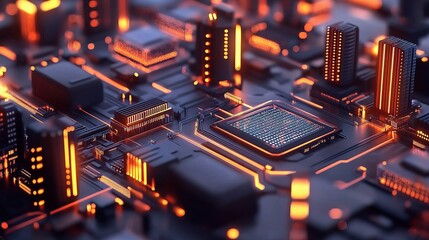 Poster - Glowing Digital Technology Hub with Data Centers and Circuit Lines