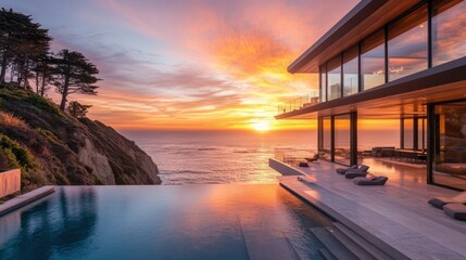 Wall Mural - Oceanfront mansion sunset poolside luxury real estate