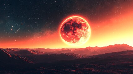Wall Mural - fiery moon glowing crimson above serene waves and dark horizon image