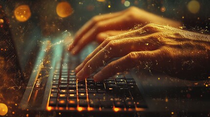 Poster - Close-Up of Fingers Typing on a Computer Keyboard at Night
