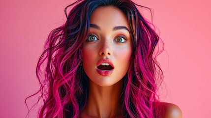 Poster - A person with striking pink and purple hair expresses surprise against a vivid pink background, highlighting their colorful hairstyle and makeup