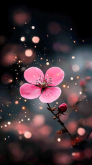 Wall Mural - Delicate pink flower blooms while soft bokeh lights create a dreamy atmosphere in a tranquil spring setting