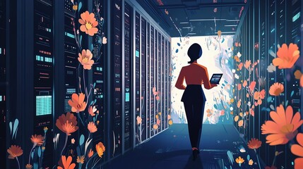 Poster - Female Technician Working in a Server Room Surrounded by Florals
