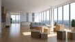 Modern apartment with city view, partially furnished with moving boxes.