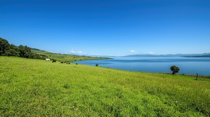 Poster - Lush green grass stretches along the tranquil lake, where a few cows graze peacefully. The clear blue sky enhances the calm atmosphere of this rural setting
