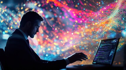 Poster - Colorful Digital Network Technology Concept with Person and Laptop