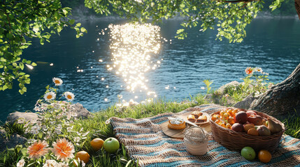 Aufkleber - A group enjoys a relaxing picnic by the tranquil lake, surrounded by vibrant flowers and sunlight reflecting on the water\'s surface
