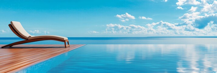 Poster - Luxurious deckchair sits on a wooden deck beside an infinity pool, overlooking a serene ocean under a beautiful cloudy sky, creating a perfect vacation setting