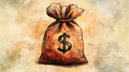 Poster - A watercolor painting of a burlap sack, tied at the top, with a dollar sign printed on its surface.