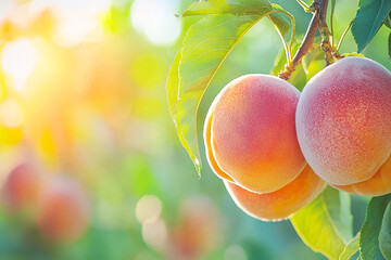 Poster - Ripe peaches dangle from green branches, illuminated by warm sunlight, creating a picturesque late summer atmosphere in the orchard