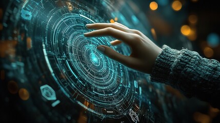 Poster - Woman's Hand Touching Digital Interface for Transformation Effects