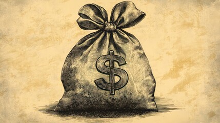 Aufkleber - A sketched money bag with a dollar sign, tied with a ribbon, on a textured background.